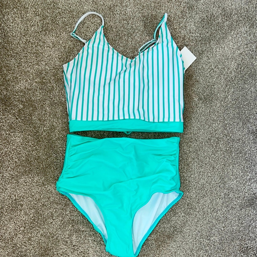 NWT Aqua and White High Rise Tankini Women’s Small